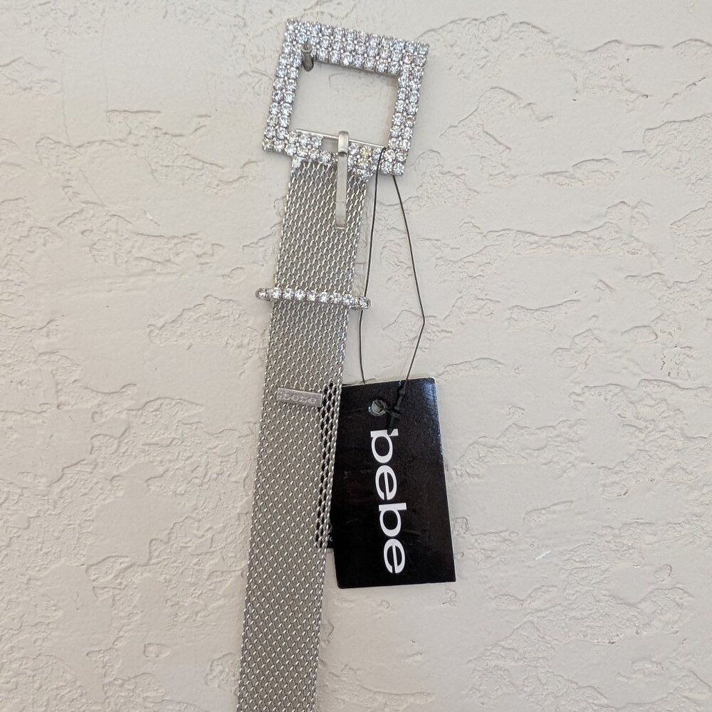 Vintage Silver Metal Bebe Chain Belt Y2K 90s Rhinestone Buckle